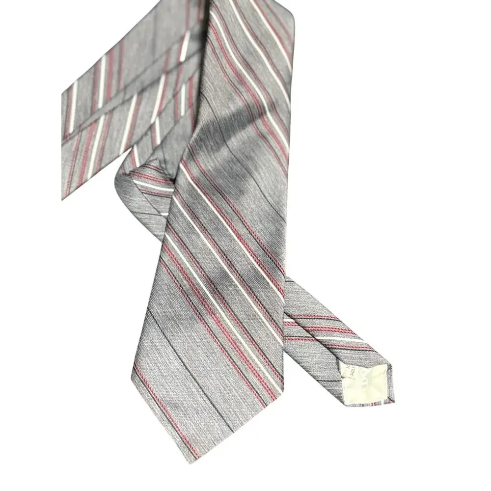 Vintage Adolfo Men's Gray and Red Striped Necktie